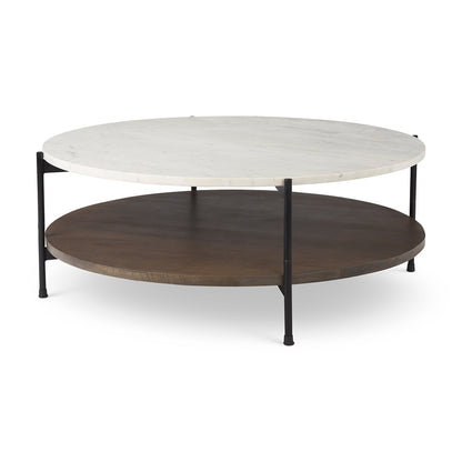 Mercana - Larkin 42" Round Two-Tier White Marble Top and Solid Wood Shelf w/ Black Metal Frame Coffee Table - 69925-AB view 1
