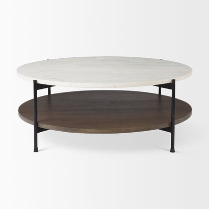 Mercana - Larkin 42" Round Two-Tier White Marble Top and Solid Wood Shelf w/ Black Metal Frame Coffee Table - 69925-AB view 2