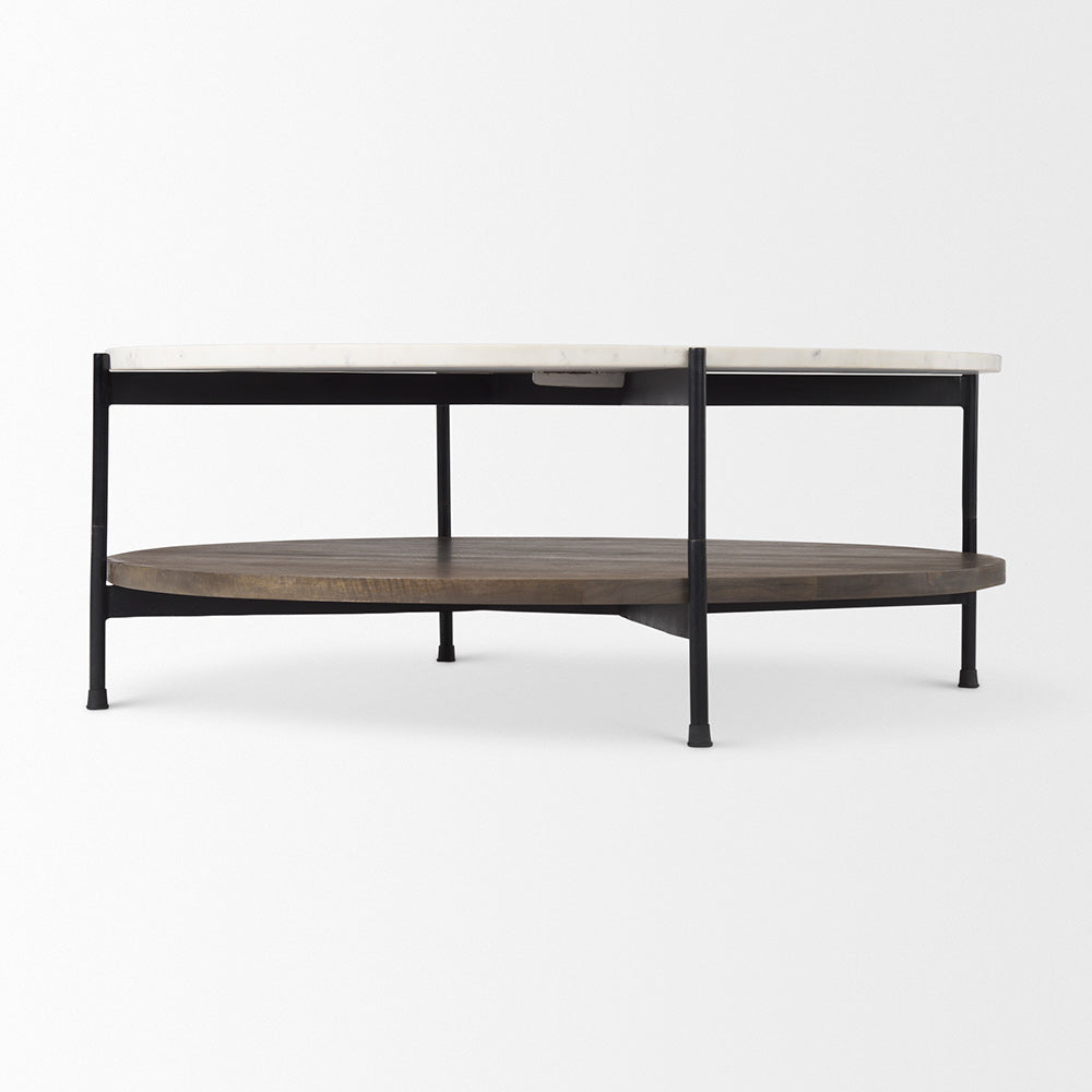 Mercana - Larkin 42" Round Two-Tier White Marble Top and Solid Wood Shelf w/ Black Metal Frame Coffee Table - 69925-AB view 3