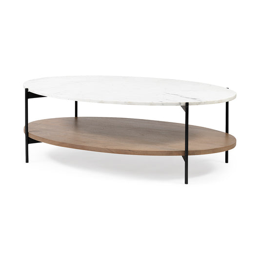 Mercana - Larkin 48" Oval White Marble Top and Solid Wood Shelf w/ Black Metal Frame Coffee Table - 68489-AB view 1