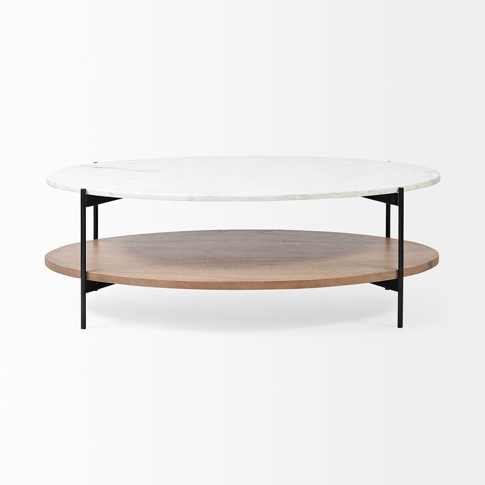 Mercana - Larkin 48" Oval White Marble Top and Solid Wood Shelf w/ Black Metal Frame Coffee Table - 68489-AB view 3