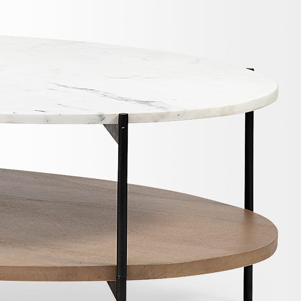 Mercana - Larkin 48" Oval White Marble Top and Solid Wood Shelf w/ Black Metal Frame Coffee Table - 68489-AB view 5