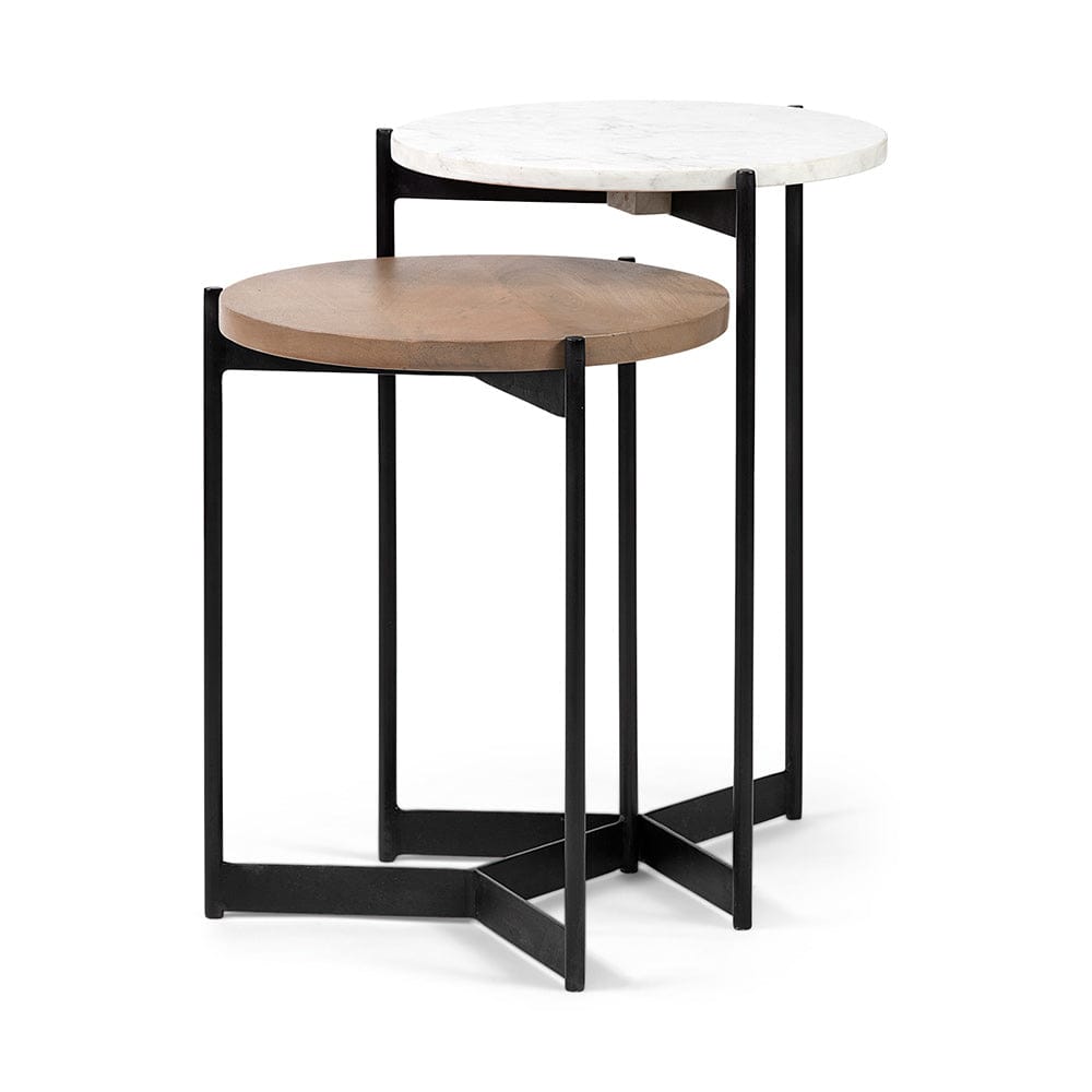 Mercana - Larkin II Marble and Medium Brown Wood Round Tabletop Nesting End/Side Tables - 68490 view 1