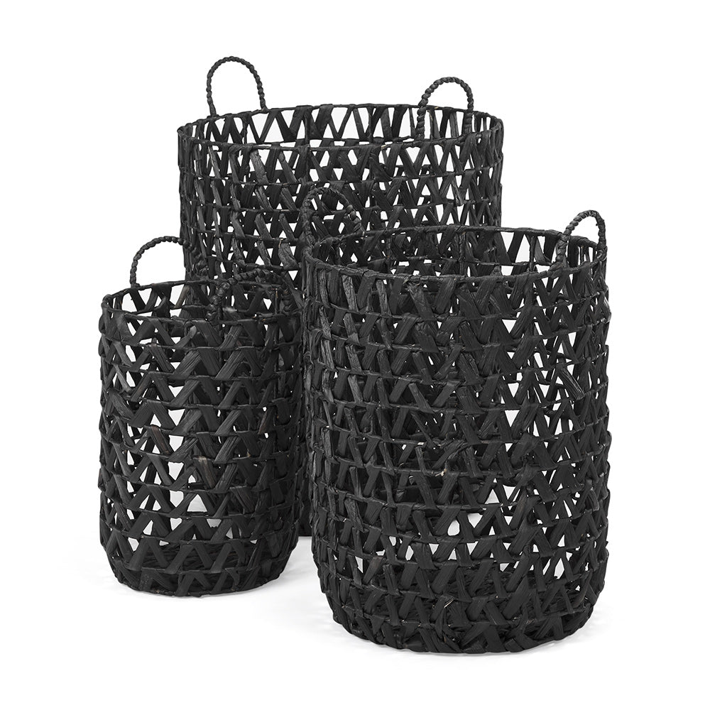 Mercana - Lola 19.7L x 19.7W x 23.6 Black Water Hyacinth Zig Zag Weave Round Basket W/ Handles (Set of 3) - 69608 view 1