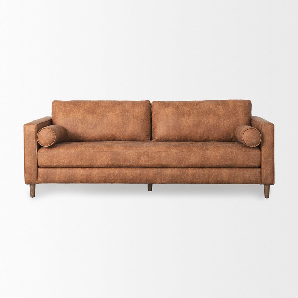 Mercana - Loretta 88.0L x 36.2W x 33.9H Cognac Brown Faux Leather Three Seater Sofa with Two Bolster Cushions - 69624 view 3