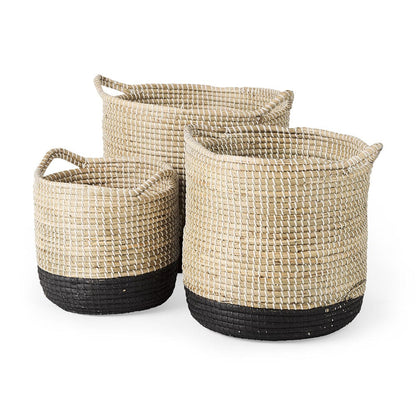 Mercana - Maddie 13.8L x 13.8W X 15.0H Light Brown W/Black Dipped Seagrass Round Basket W/ Handle (Set of 3) - 69595 view 1
