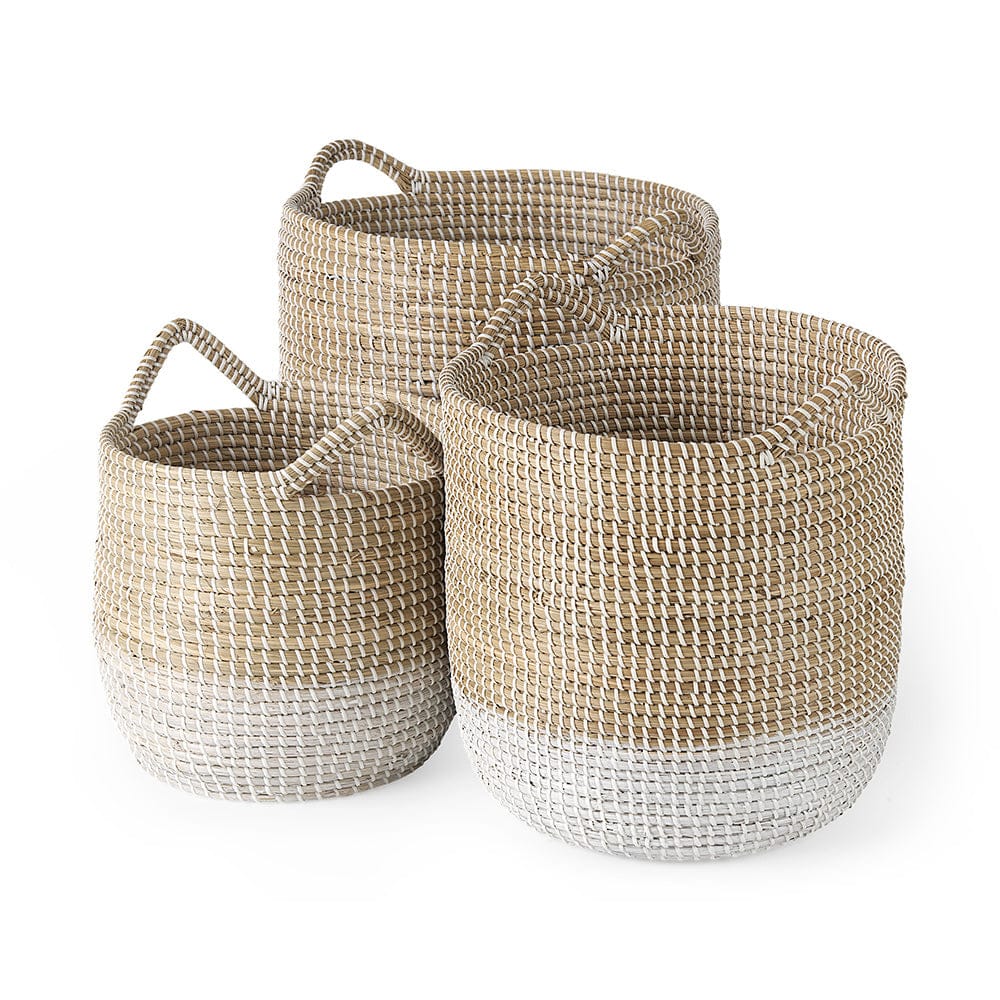 Mercana - Maddie 13.8L x 13.8W X 15.0H Light Brown W/White Dipped Seagrass Round Basket W/ Handles (Set of 3) - 69594 view 1