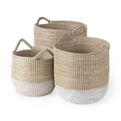 Mercana - Maddie 13.8L x 13.8W X 15.0H Light Brown W/White Dipped Seagrass Round Basket W/ Handles (Set of 3) - 69594 view 1