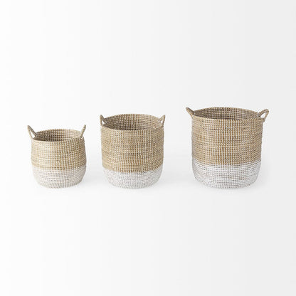 Mercana - Maddie 13.8L x 13.8W X 15.0H Light Brown W/White Dipped Seagrass Round Basket W/ Handles (Set of 3) - 69594 view 2