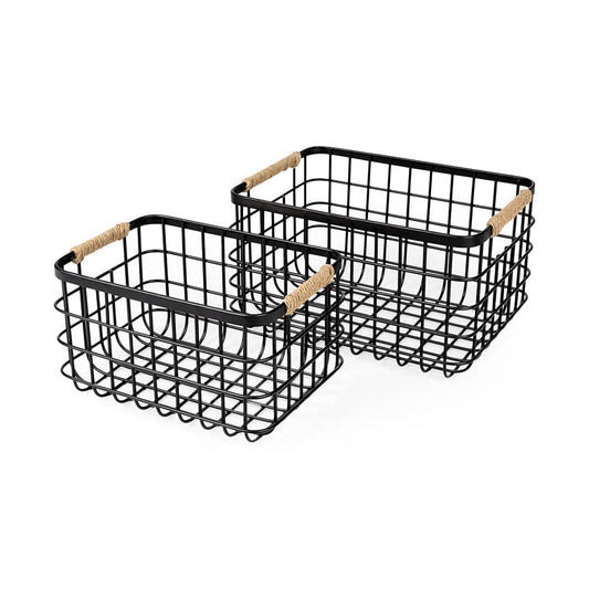 Mercana - Marius 20.9L x 15.2W x 12.2 Set of Two Matte Black Metal W/ Rope Trim Rectangular Baskets - 69528_CLOSEOUT view 1