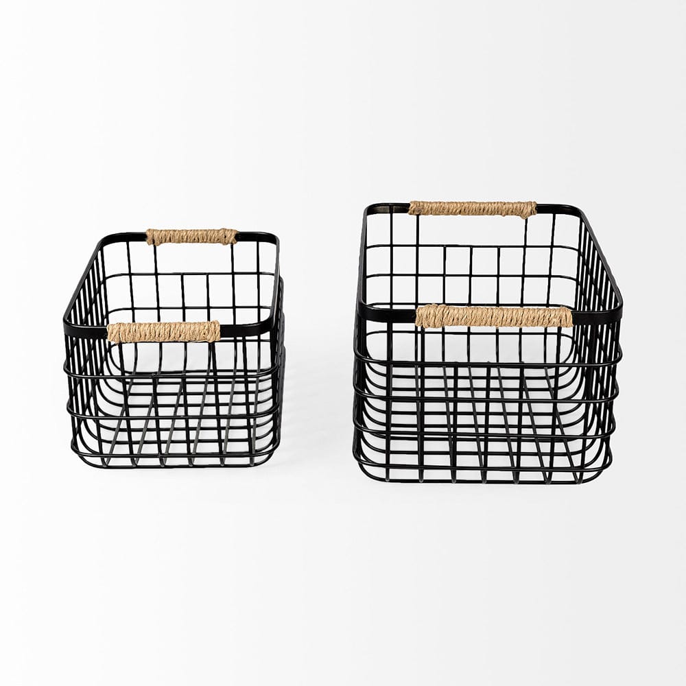 Mercana - Marius 20.9L x 15.2W x 12.2 Set of Two Matte Black Metal W/ Rope Trim Rectangular Baskets - 69528_CLOSEOUT view 3