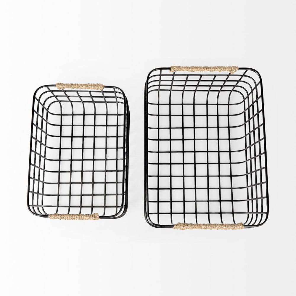 Mercana - Marius 20.9L x 15.2W x 12.2 Set of Two Matte Black Metal W/ Rope Trim Rectangular Baskets - 69528_CLOSEOUT view 4