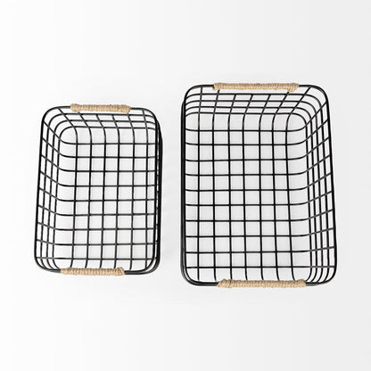 Mercana - Marius 20.9L x 15.2W x 12.2 Set of Two Matte Black Metal W/ Rope Trim Rectangular Baskets - 69528_CLOSEOUT view 4