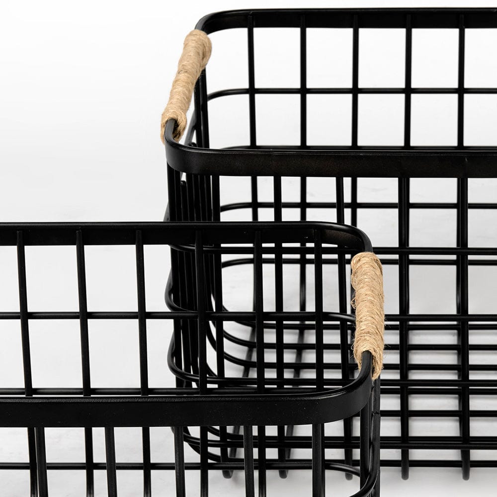 Mercana - Marius 20.9L x 15.2W x 12.2 Set of Two Matte Black Metal W/ Rope Trim Rectangular Baskets - 69528_CLOSEOUT view 6
