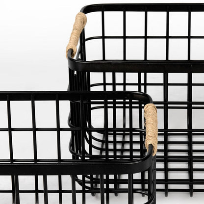 Mercana - Marius 20.9L x 15.2W x 12.2 Set of Two Matte Black Metal W/ Rope Trim Rectangular Baskets - 69528_CLOSEOUT view 6