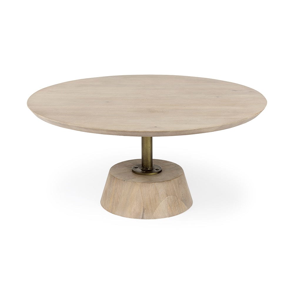Mercana - Maxwell 34L x 34W x 16H Light Brown Wood W/ Gold Metal Pedestal Base Round Coffee Table - 69203_CLOSEOUT view 1