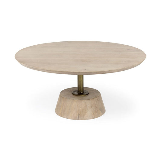 Mercana - Maxwell 34L x 34W x 16H Light Brown Wood W/ Gold Metal Pedestal Base Round Coffee Table - 69203_CLOSEOUT view 1