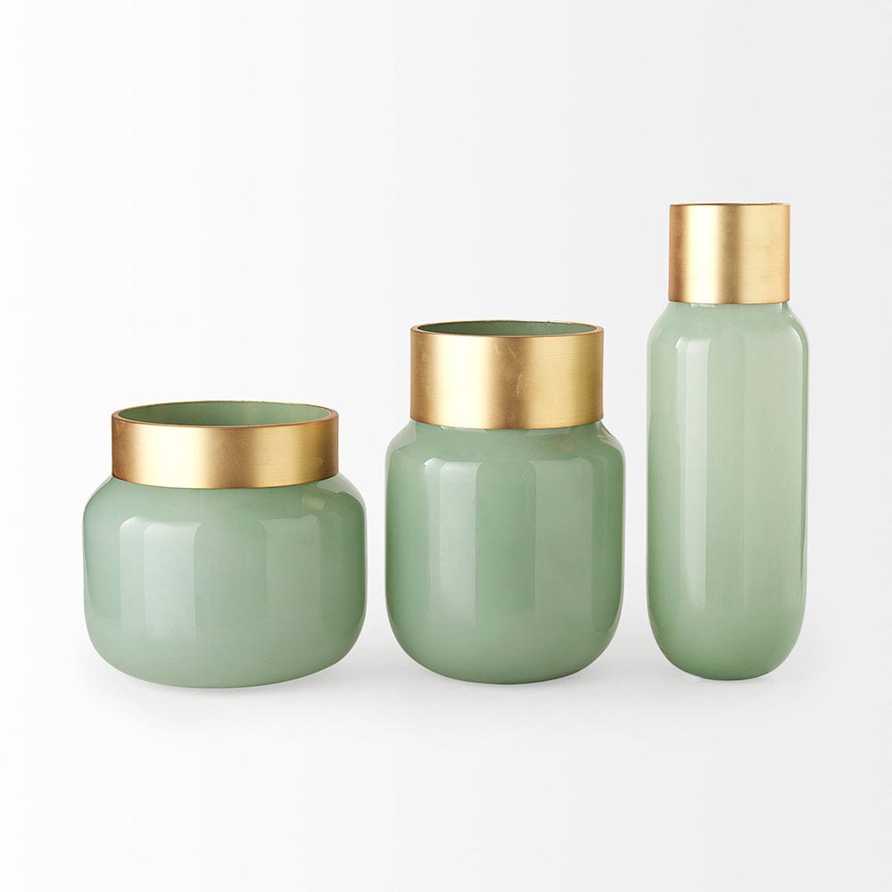 Mercana - Minty Medium 8.7L x 8.7W x 12.4H Green Glass Vase W/Matte Gold Metal Neck Cuff - 69552 view 2