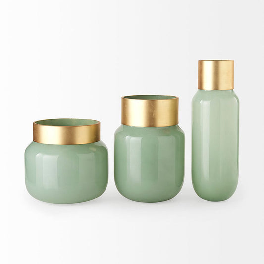 Mercana - Minty Medium 8.7L x 8.7W x 12.4H Green Glass Vase W/Matte Gold Metal Neck Cuff - 69552 view 2