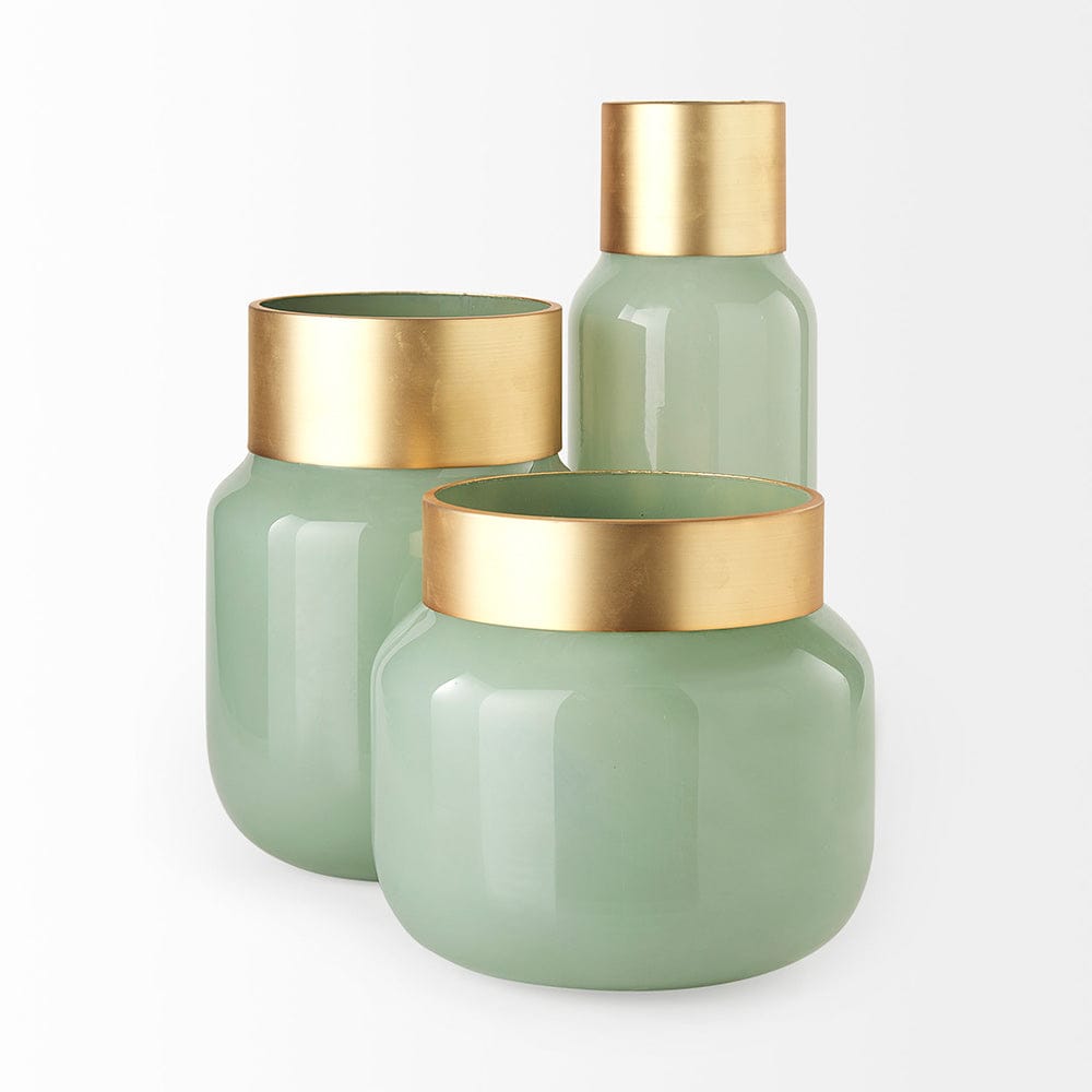 Mercana - Minty Medium 8.7L x 8.7W x 12.4H Green Glass Vase W/Matte Gold Metal Neck Cuff - 69552 view 3