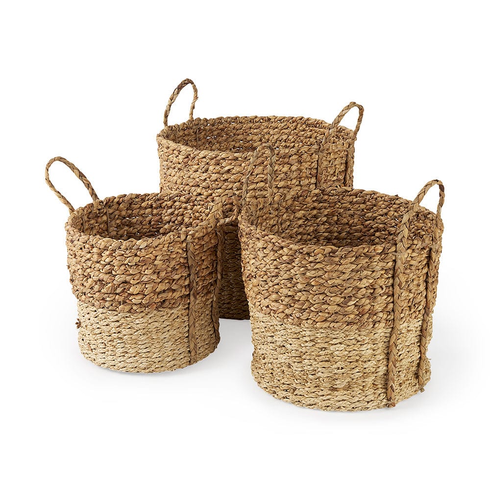 Mercana - Morocco 15.7L x 15.7 Brown Two Tone Water Hyacinth and Cornhusk Round Basket W/ Handles (Set of 3) - 69584 view 1