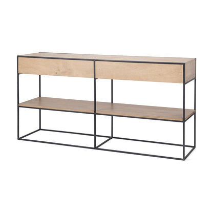 Mercana - Morris 63.0L x 15.0W x 31.0H Beige Wood w/ Black Metal Frame 2 Drawer Console Table - 69716_CLOSEOUT view 1
