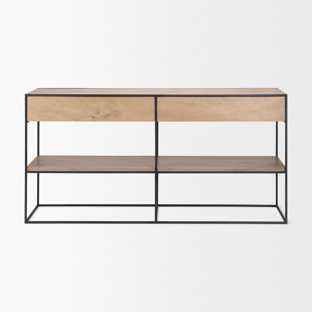 Mercana - Morris 63.0L x 15.0W x 31.0H Beige Wood w/ Black Metal Frame 2 Drawer Console Table - 69716_CLOSEOUT view 2