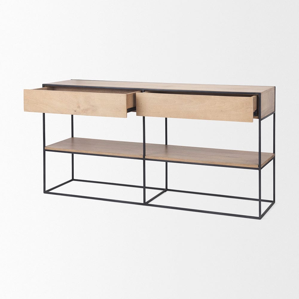 Mercana - Morris 63.0L x 15.0W x 31.0H Beige Wood w/ Black Metal Frame 2 Drawer Console Table - 69716_CLOSEOUT view 6