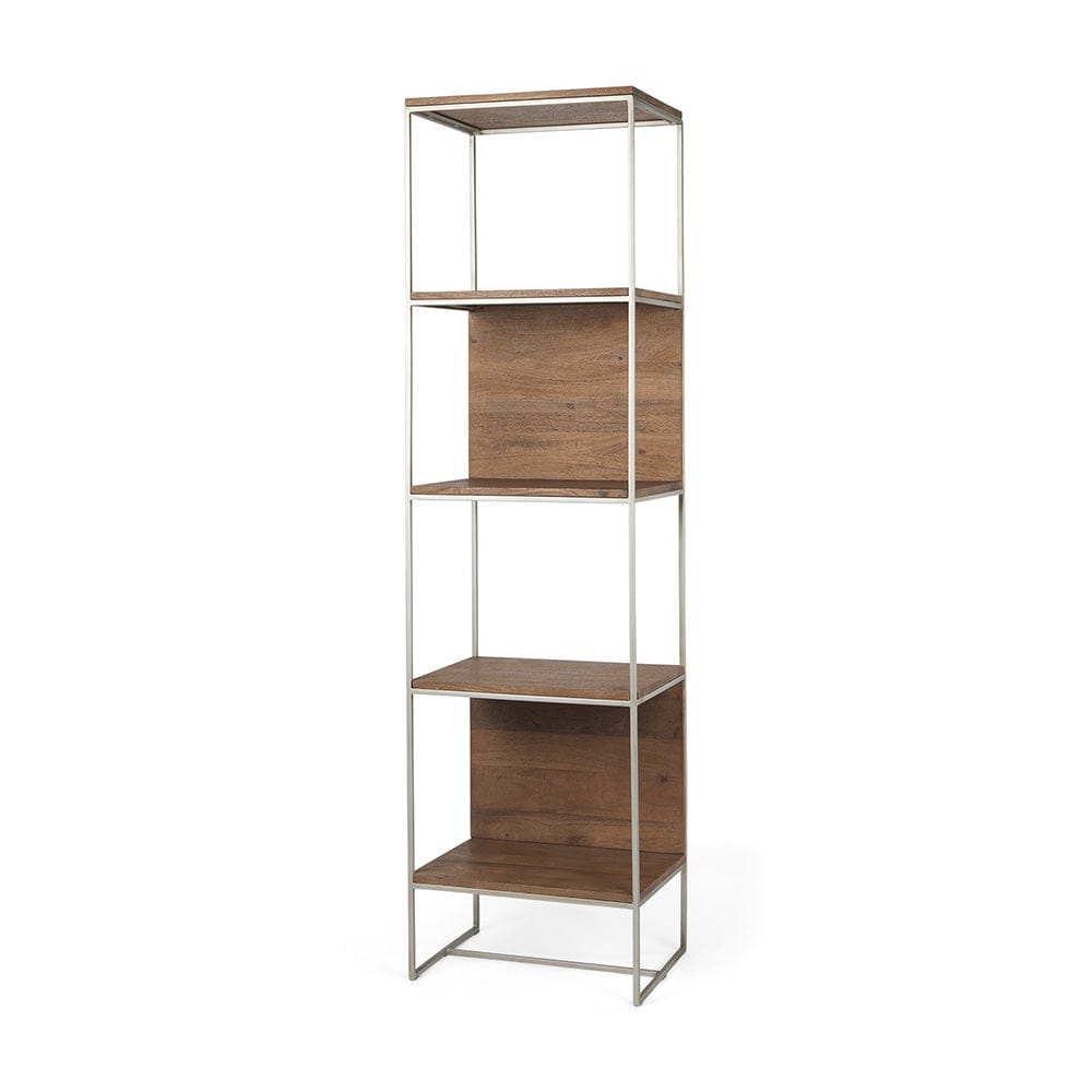 Mercana - Morris II 19.75 x 15 x 72.5 Brown Wood and Silver Metal Frame 4 Shelf Shelving Unit - 69103_CLOSEOUT view 1