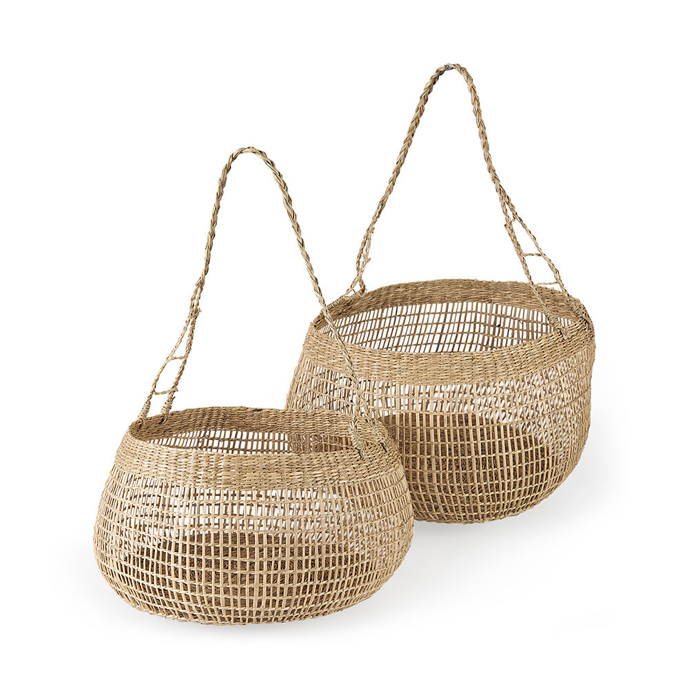 Mercana - Nova 15.0L x 15.0W x 9.4H Light Brown Seagrass Woven Round Basket W/ Long Handle (Set of 2) - 69592 view 1