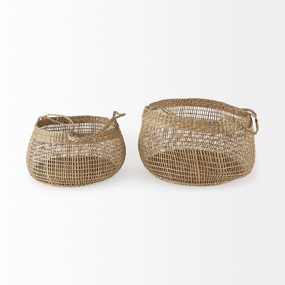 Mercana - Nova 15.0L x 15.0W x 9.4H Light Brown Seagrass Woven Round Basket W/ Long Handle (Set of 2) - 69592 view 2