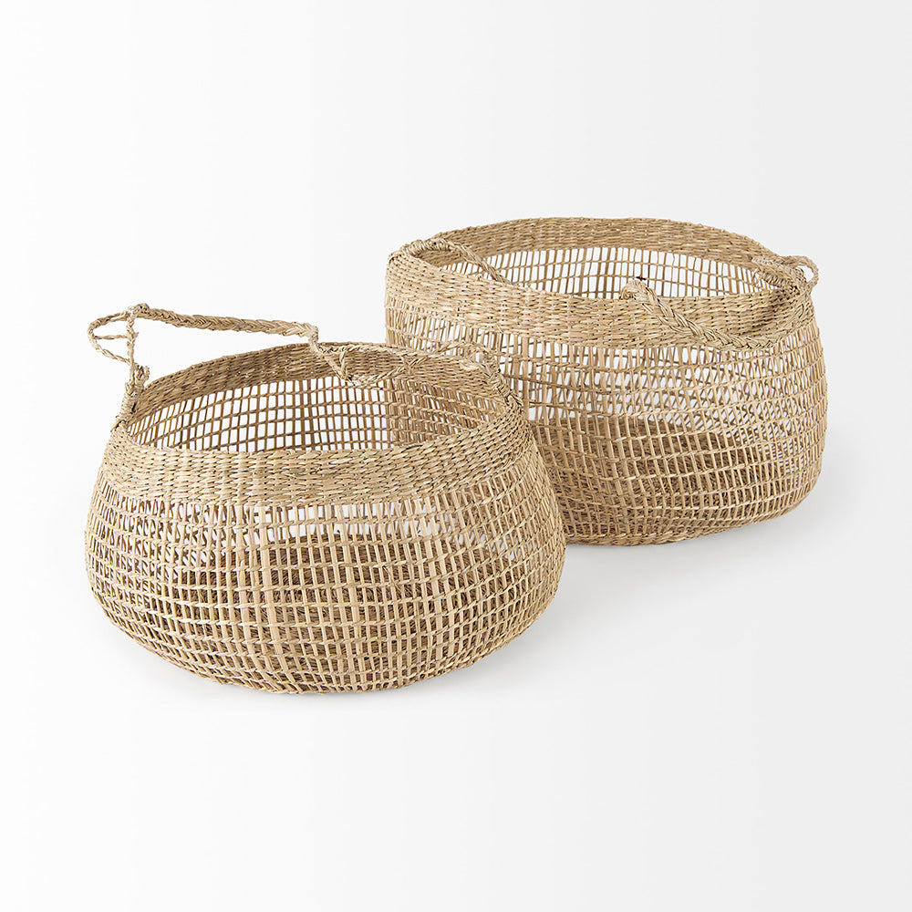Mercana - Nova 15.0L x 15.0W x 9.4H Light Brown Seagrass Woven Round Basket W/ Long Handle (Set of 2) - 69592 view 3