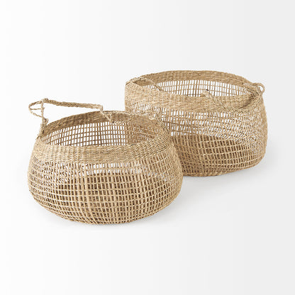 Mercana - Nova 15.0L x 15.0W x 9.4H Light Brown Seagrass Woven Round Basket W/ Long Handle (Set of 2) - 69592 view 3