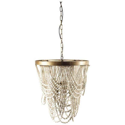 Mercana - Pendra 26"x23" Gold Metal Whitewashed Wooden Bead Three Bulb Chandelier - 65455 view 1