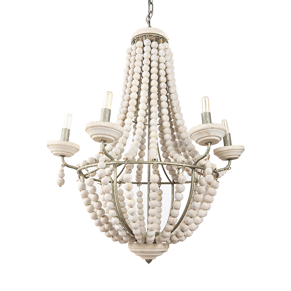 Mercana - Phillum 29"x37" Silver Metal Chassis and White Wood Beaded Six Bulb Chandelier - 65200_CLOSEOUT view 1