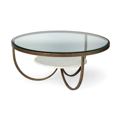 Mercana - Reinhardt 36" Round Glass Top Marble Shelf Gold Metal Base Coffee Table - 67804 view 1