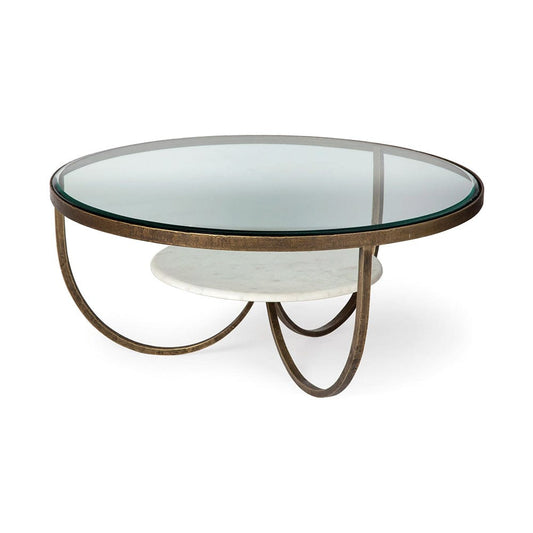 Mercana - Reinhardt 36" Round Glass Top Marble Shelf Gold Metal Base Coffee Table - 67804 view 1