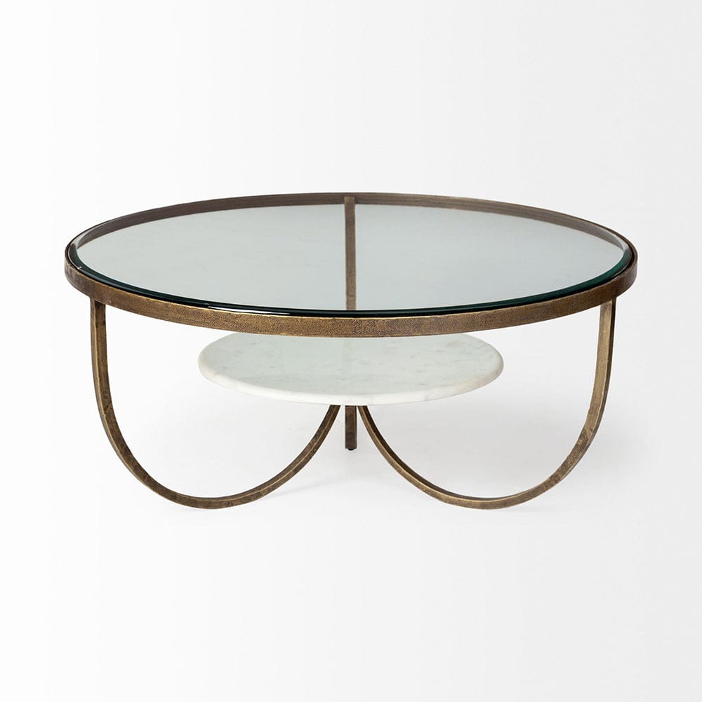 Mercana - Reinhardt 36" Round Glass Top Marble Shelf Gold Metal Base Coffee Table - 67804 view 3