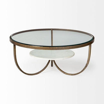 Mercana - Reinhardt 36" Round Glass Top Marble Shelf Gold Metal Base Coffee Table - 67804 view 3