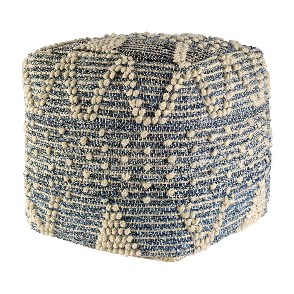 Mercana - Rofi Blue Denim and Cream Cotton Stitched Square Pouf - 67584 view 1