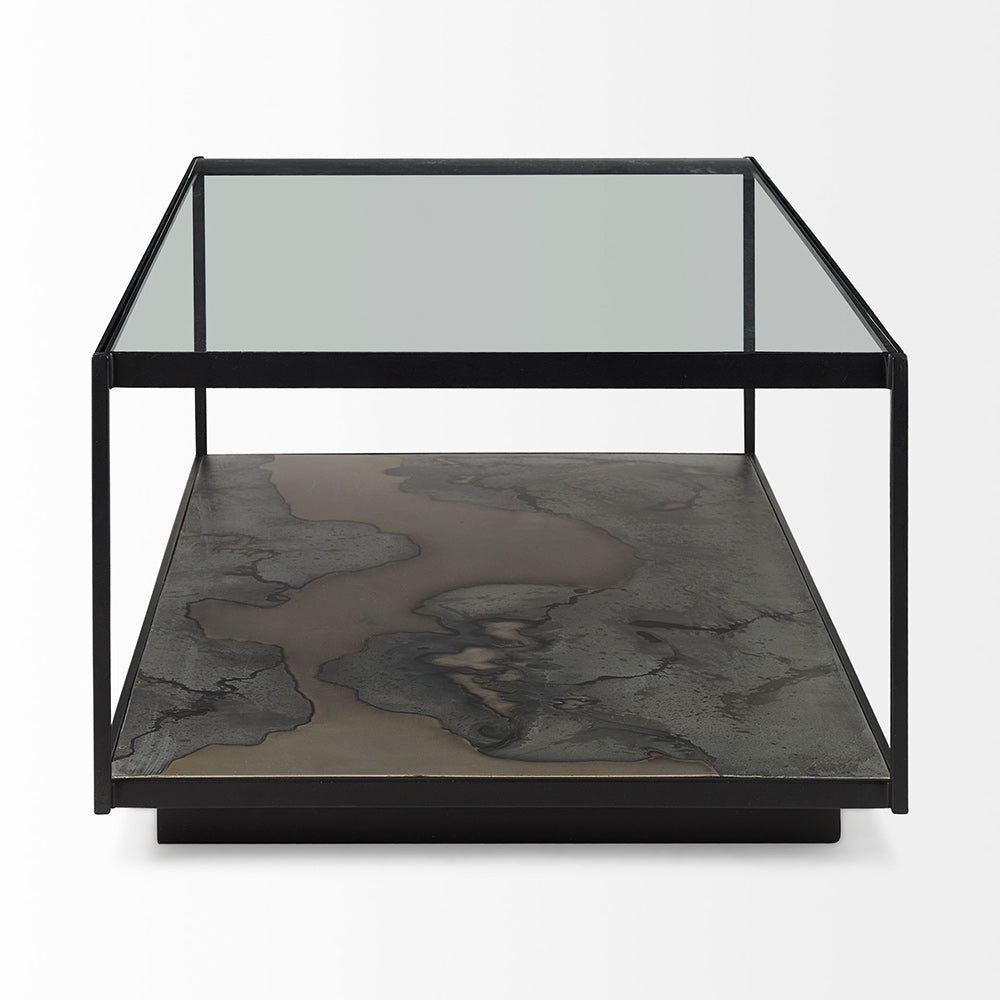 Mercana - Roxdale 48.25L X 27.5W X 18.0H Acid Wash Metal Coffee Table W/ Glass Top - 69261-AB_CLOSEOUT view 3