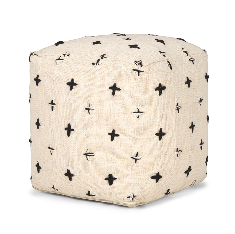 Mercana - Saanvi Wool w/ Cream and Black Stitched Cross Patterned Pouf - 70759_CLOSEOUT view 1