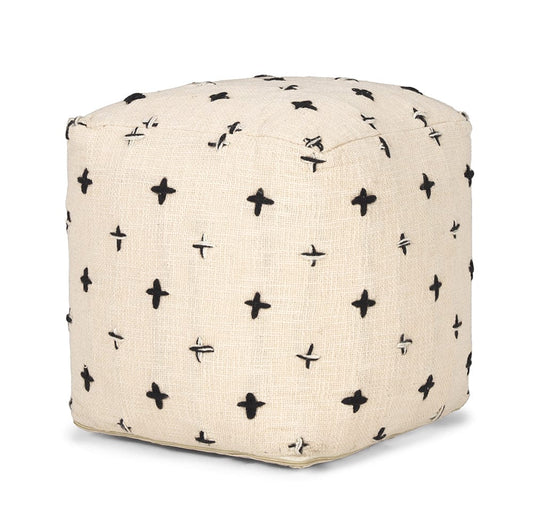 Mercana - Saanvi Wool w/ Cream and Black Stitched Cross Patterned Pouf - 70759_CLOSEOUT view 1
