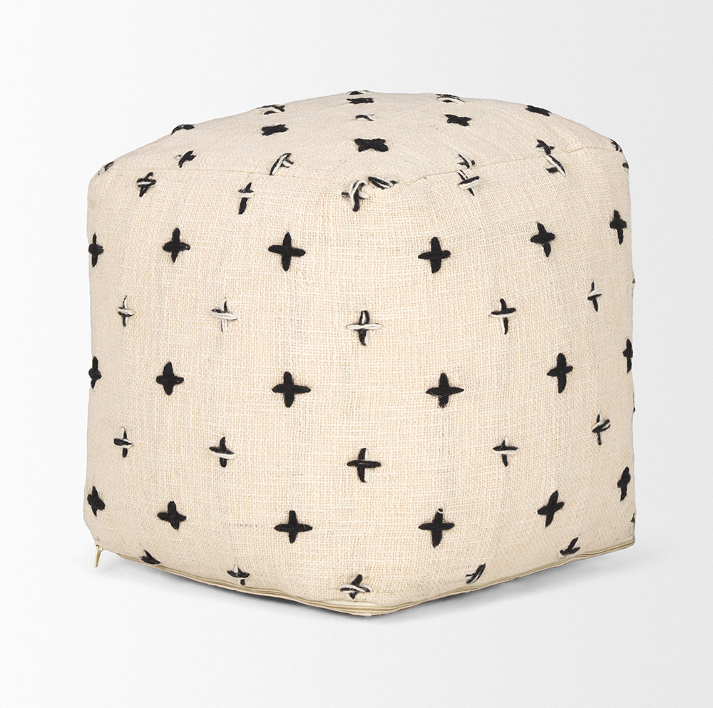 Mercana - Saanvi Wool w/ Cream and Black Stitched Cross Patterned Pouf - 70759_CLOSEOUT view 3