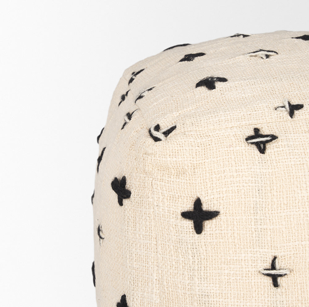 Mercana - Saanvi Wool w/ Cream and Black Stitched Cross Patterned Pouf - 70759_CLOSEOUT view 4