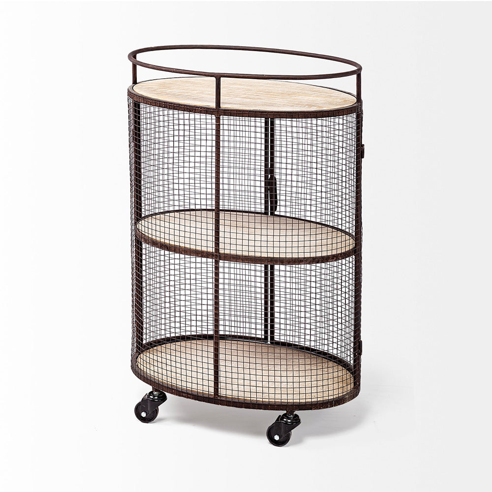 Mercana - Saluti II Black Metal Frame cage w/three wood shelves oval Bar Cart - 67972 view 4