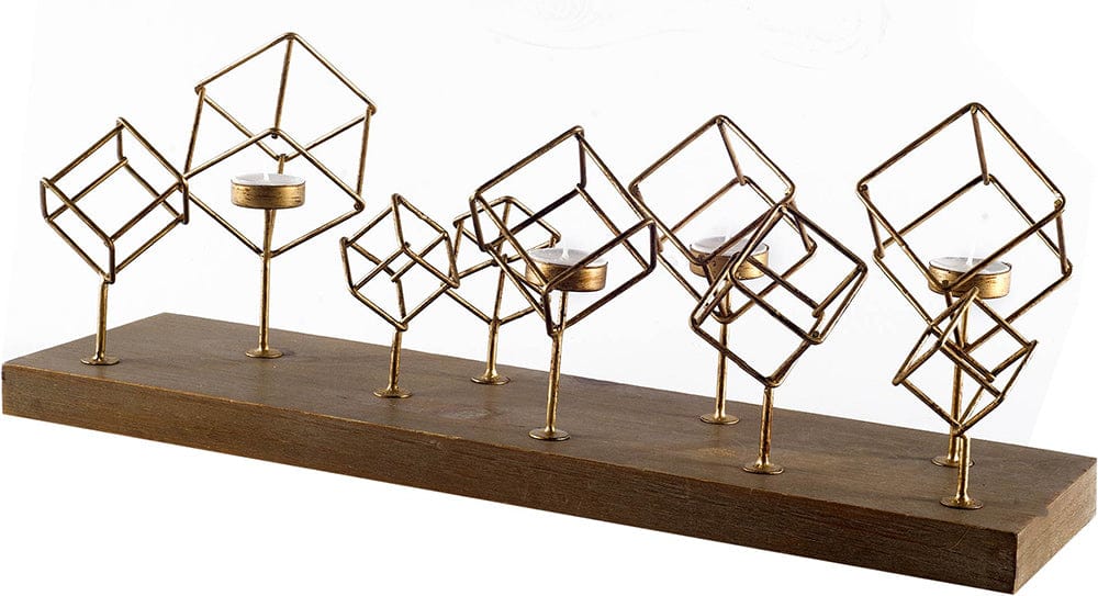 Mercana - Salvador II Wood Base Brass Cube Tea Light Table Candle Holder - 67663_CLOSEOUT view 1