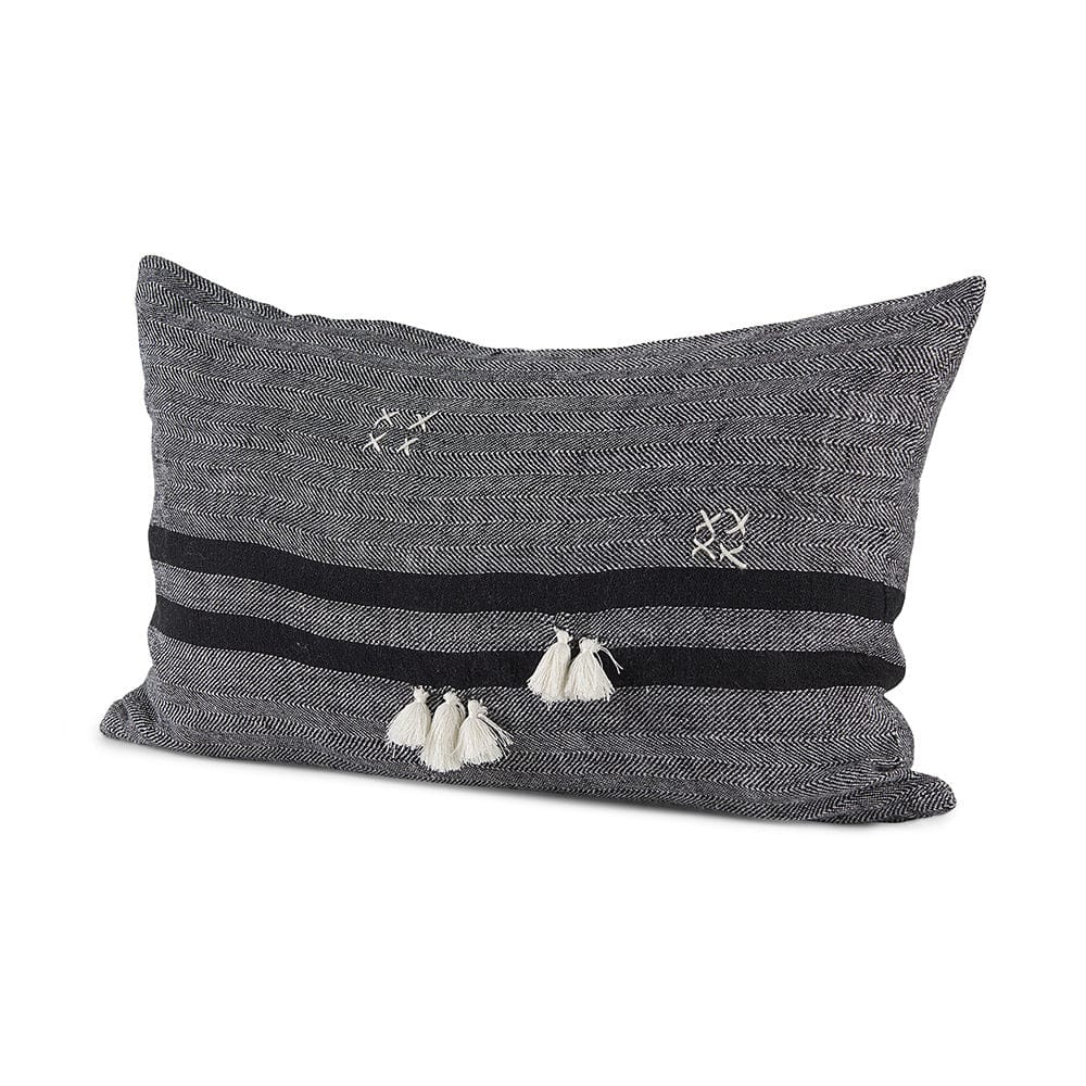 Mercana - Sibyl 13L x 21W Black Fabric Striped and White Fringed Decorative Pillow Cover - 69418 view 1