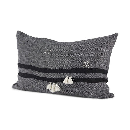 Mercana - Sibyl 13L x 21W Black Fabric Striped and White Fringed Decorative Pillow Cover - 69418 view 1
