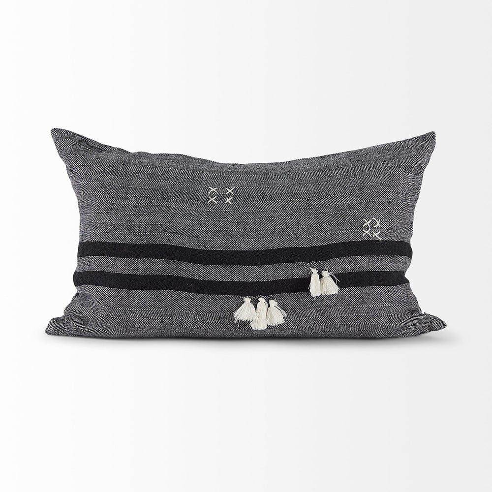 Mercana - Sibyl 13L x 21W Black Fabric Striped and White Fringed Decorative Pillow Cover - 69418 view 2